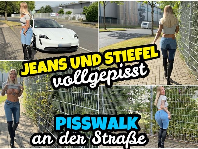 Mit vollgepisster Jeans & Stiefeln auf der Straße unterwegs (Lara-Cum-Kitten)