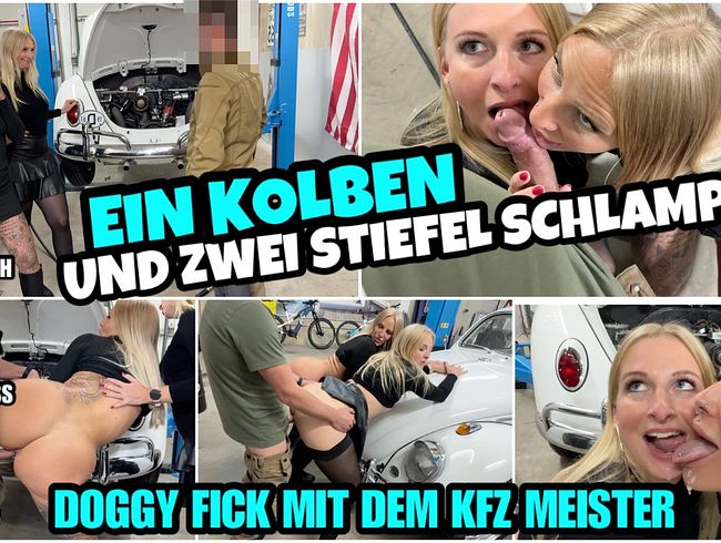 Lara-Cum-Kitten @ 2 Stiefel-Schlampen verführen zusammen den Werkstattmeister